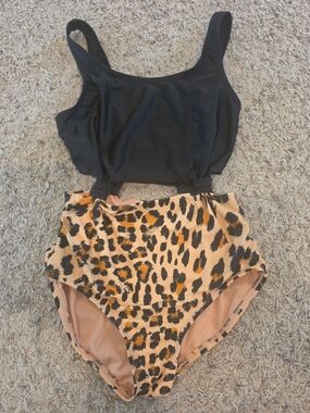 art class Black and Tan Leopard Print Girls One-Piece Swimsuit